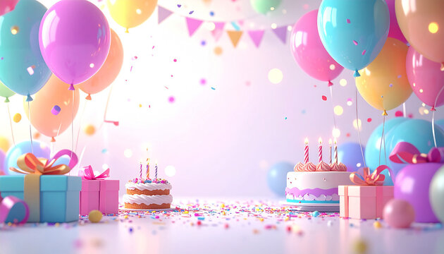 Colorful birthday party background with cakes, lit candles, balloons, and gifts.
