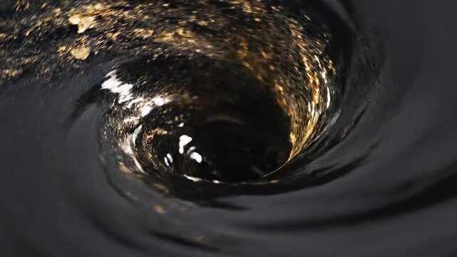 Gold prices plunge concept. Swirling water vortex with floating leaves and reflections on a dark surface.