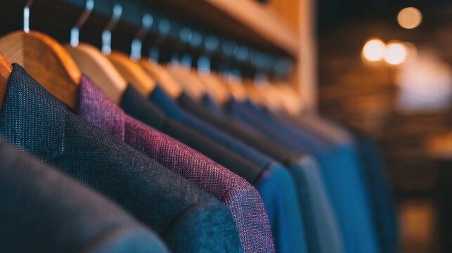 Suits hanging on a rack in a clothing store in the evening