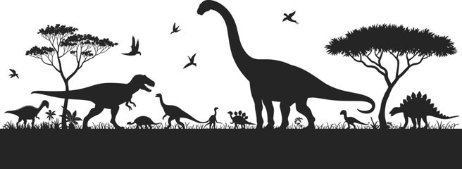 Diverse dinosaur silhouettes in a prehistoric landscape with trees and flying birds © Afsun Creative