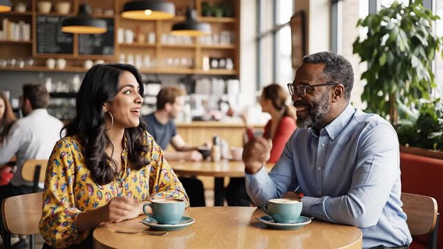 Diverse people discussing complex ideas over coffee in cafe