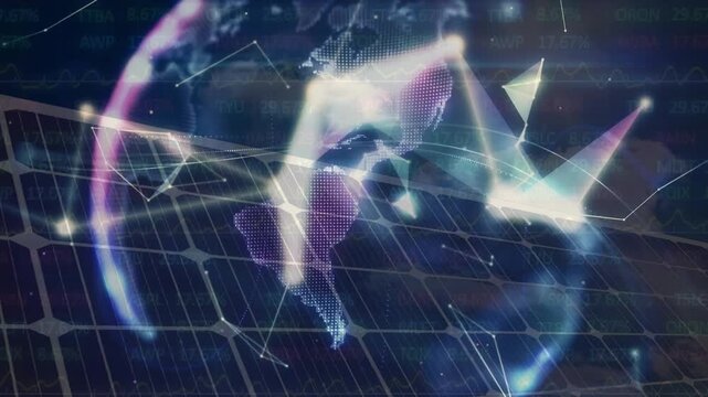 Animation of globe of plexus network and stock market data processing over solar panels and blue sky