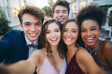 Fototapeta premium Group of friends taking selfie at prom night in elegant attire outdoors