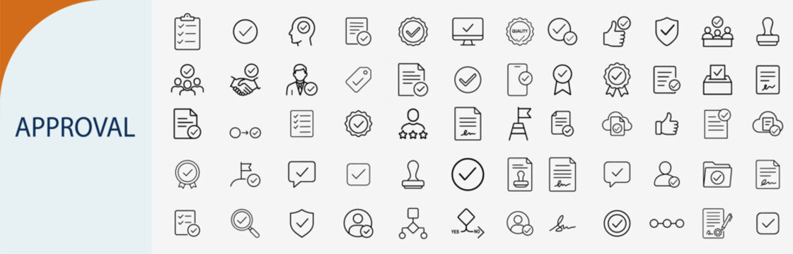 Approval and confirmation icons set, outline symbols for verified checkmark agreement quality control business permission and certificate vector illustration