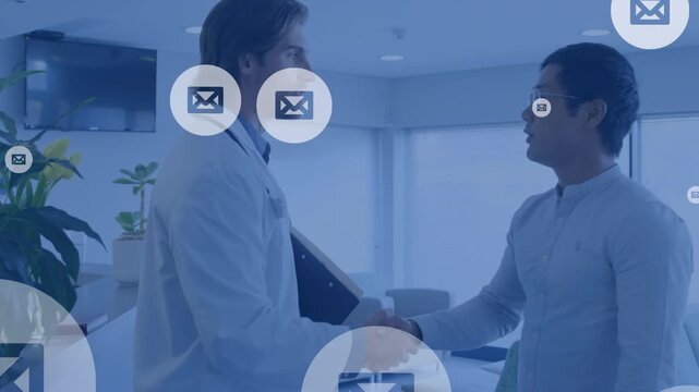 Animation of social media mail icons data processing over diverse doctors