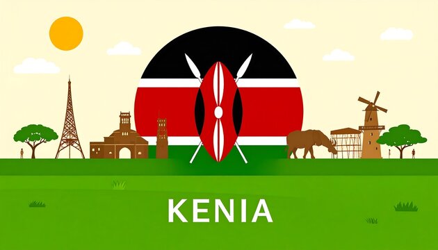 A vibrant graphic showcasing Kenyan culture. The design features the national flag and silhouetted landmarks against a sunny sky. The word "KENIA" is centered below