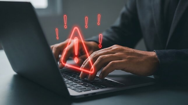 Person typing on laptop with red warning symbol indicating error or alert