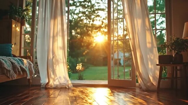 Soft sunlight streaming into a cozy bedroom with white curtains swaying in the gentle breeze vertical pan zoom