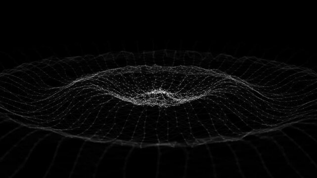 Abstract black music sound wave with dots and lines. Dark cyberspace with moving particles. Futuristic circle wave with digital database. Big data analytics. 3d rendering.