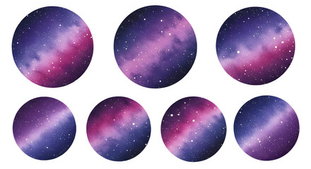 Watercolor Galaxy Circle Set. Purple and Pink Nebula Illustrations with Stars. isolated PNG with Transparent Background
