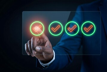 Fototapeta premium Businessman in suit selecting a green checkmark icon on a virtual screen
