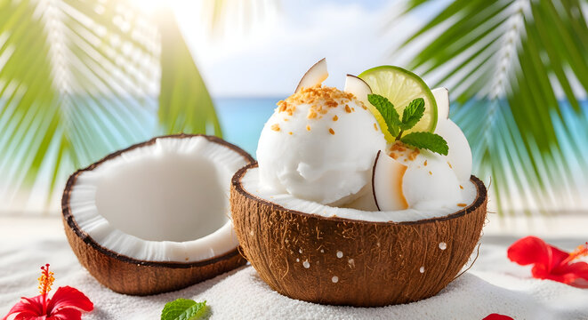 Sorbet kelapa segar disajikan dalam batok kelapa asli di pantai tropis melambangkan liburan musim panas perjalanan eksotis dan hidangan sehat