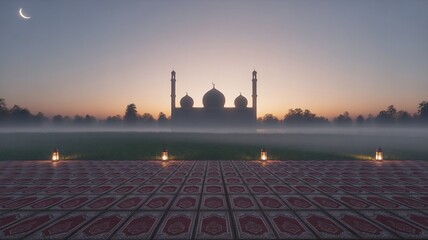 Obraz premium Peaceful Eid morning prayer ground with patterned mats mosque silhouette in soft sunrise light lanterns crescent moon and gentle mist creating calm spiritual atmosphere