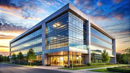 Obraz premium Modern Office Building with Glass Facade at Sunset with Colorful Sky