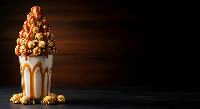 Minuman milkshake karamel dan popcorn tinggi dengan topping berlimpah melambangkan kepuasan makanan karnaval dan hidangan manis yang sangat ekstrem