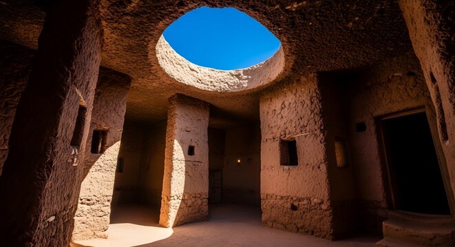 Sunken courtyard of Matmata troglodyte dwelling in Tunisia in bright sunlight