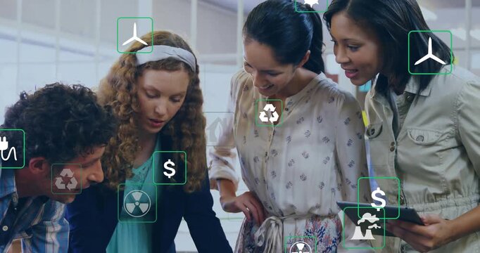Animation of eco icons and data processing over diverse business people in office