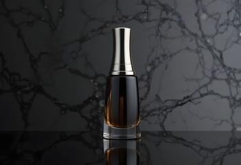 Luxury perfume bottle on sleek marble surface with dark liquid and silver accents from a reflective viewpoint
