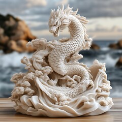 Ornate, light-beige dragon figurine, rising above sculpted waves