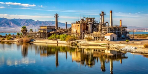 Fototapeta premium Abandoned Industrial Facility Near Water with Mountain Background