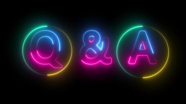 Glowing neon Question and Answer icon isolated on black background. Chat speech bubble and chart. Question and Answer icon animation. questions and answers concept Q and A design. Q and A symbol.