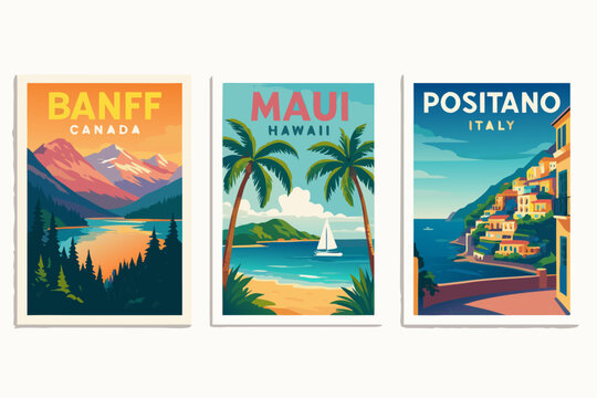 A set of vibrant travel posters featuring iconic destinations around the world