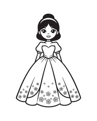 Fototapeta premium Beautiful Princess Doll Wearing a Floral Ball Gown and Elegant Tiara Coloring Page