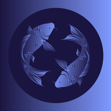 Two stylized koi fish forming a circular composition on dark blue gradient background. Minimal flat vector illustration inspired by Asian symbolism, yin yang harmony concept and traditional art