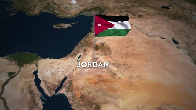 The Flag of Jordan on the World Map, the Jordan flag waving on the 3d map animation 4K