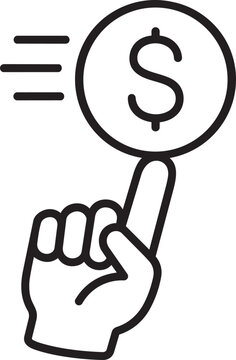 Hand finger pressing dollar coin button icon representing pay per click or instant digital payment action