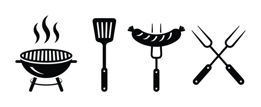 Vector graphic of a barbecue grill with utensils and meat on a white background using vector word