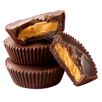 Close up of stacked chocolate peanut butter cups on white background