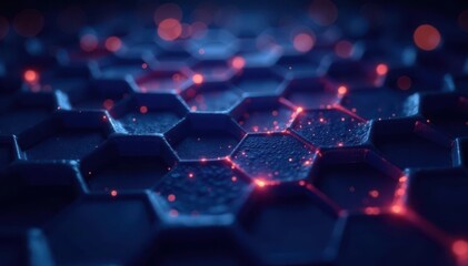 Fototapeta premium Dark blue honeycomb pattern; glowing energy beneath hexagons , shape, abstract, pattern