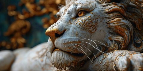Fototapeta premium Majestic Golden Ornate Lion Statue Close-Up, Fantasy Sculpture