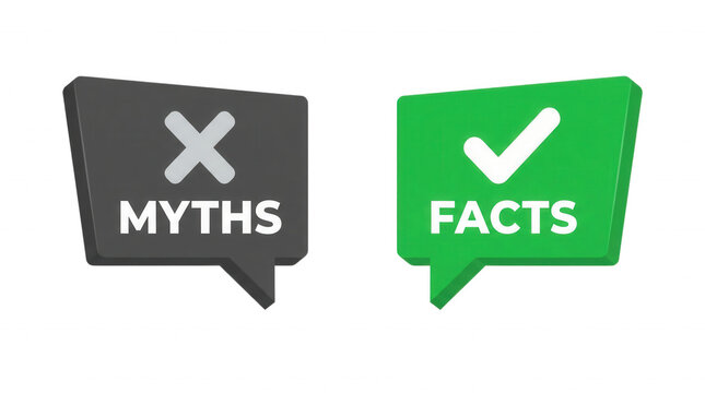 Two speech bubbles one gray with a cross and the word myths the other green with a checkmark and the word facts