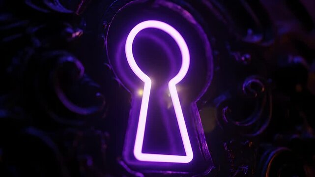 Ornate dark surface with a glowing purple keyhole, a light beam passing through, symbolizing mystery, access, secrets, solutions, and unlocking digital information, knowledge, or opportunities.