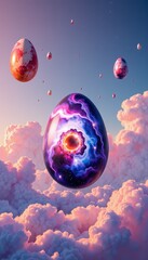 Surreal Cosmic Egg Floating Above Pink Clouds in Dreamlike Sky with Vivid Colors and Otherworldly Galaxy Patterns Illuminating the Atmosphere