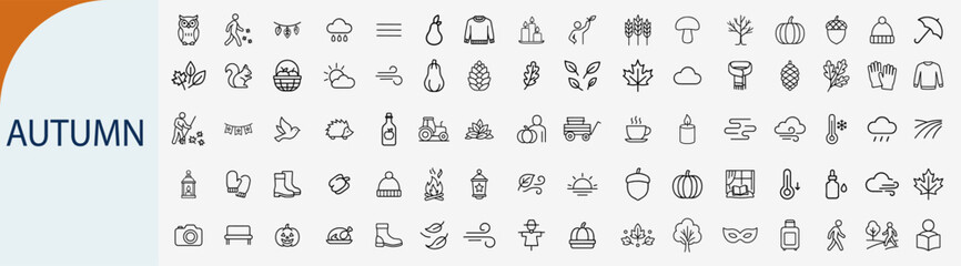 Autumn and fall season icons set, outline symbols for nature harvest thanksgiving foliage weather and outdoor celebration vector illustration © rayzign