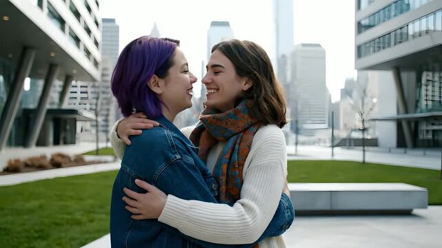 Young women with purple hair and brown hair affectionately embrace in a modern urban square. Ideal for illustrating LGBTQ+ romance, diverse relationships, happy reunions, or urban lifestyle content.