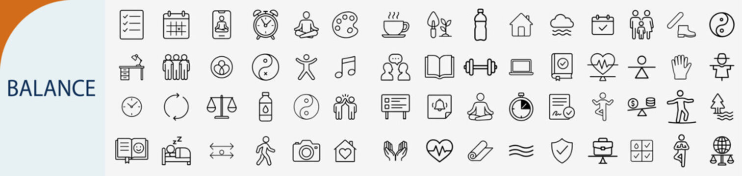Work life balance and healthy lifestyle icons set, outline symbols for mental wellness equilibrium zen meditation and harmony vector illustration