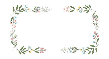 Fototapeta premium A delicate floral border design with green leaves and small pink, blue, and yellow flowers in a corner arrangement.
