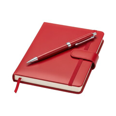 A red leather journal with a matching pen on top, closed and ready for writing.