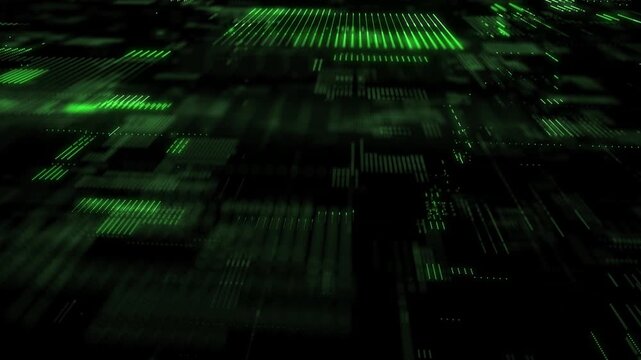 Digital database cyberspace. Decoding algorithms hacked software. Cyber security with moving green particles. Big data visualization. 3d rendering.