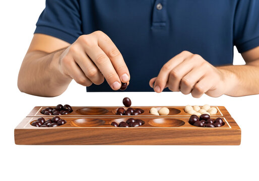 A person playing a game of mancala on a wooden board with marbles. isolated on transparent background