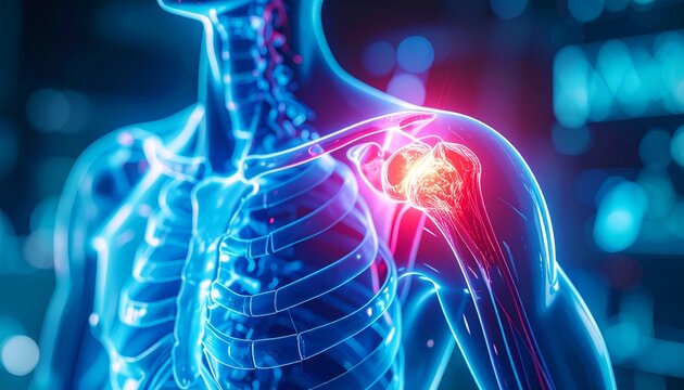 Anatomy showing shoulder pain with red spot indicating the area of pain, concept of healthcare and medicine