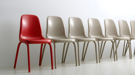 Obraz premium A vibrant red chair conspicuously stands out in a perfectly aligned row of numerous identical beige chairs against a clean, minimalist white background, symbolizing uniqueness and difference.