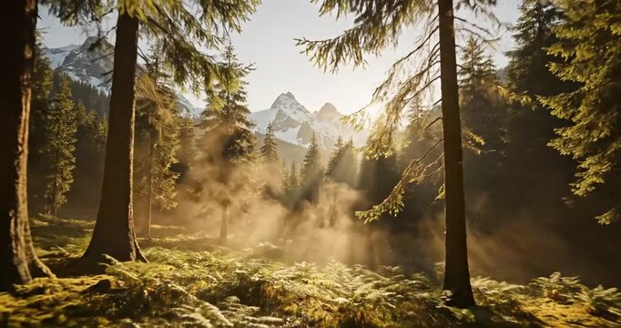 sunlight filters through forest trees.