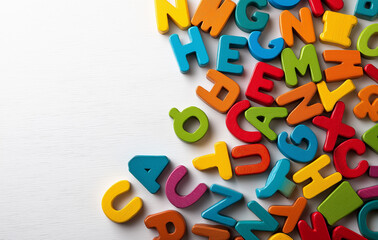 Fototapeta premium A pile of colorful foam letters scattered on a white surface