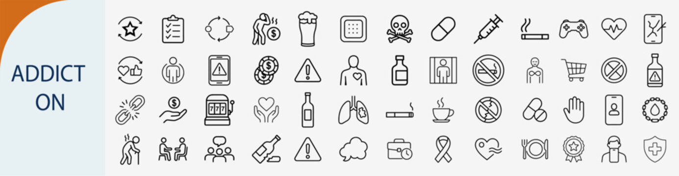 Addiction and bad habits icons set, outline symbols for substance abuse social media dependency healthcare and unhealthy lifestyle vector illustration