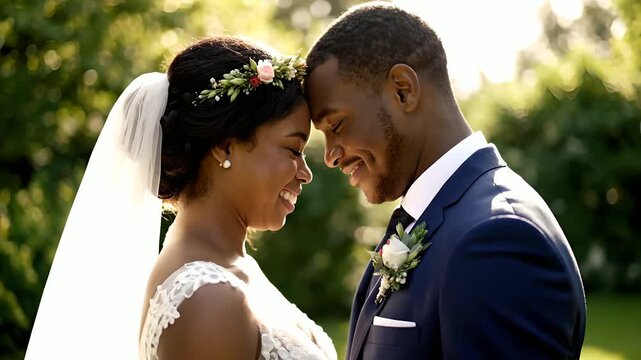 African American bride and groom share a tender, smiling moment, foreheads touching, symbolizing love and commitment. Ideal for wedding films, romance ads, and diversity campaigns.